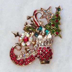 Christmas Elf Shoe Brooch Gold Rhinestone